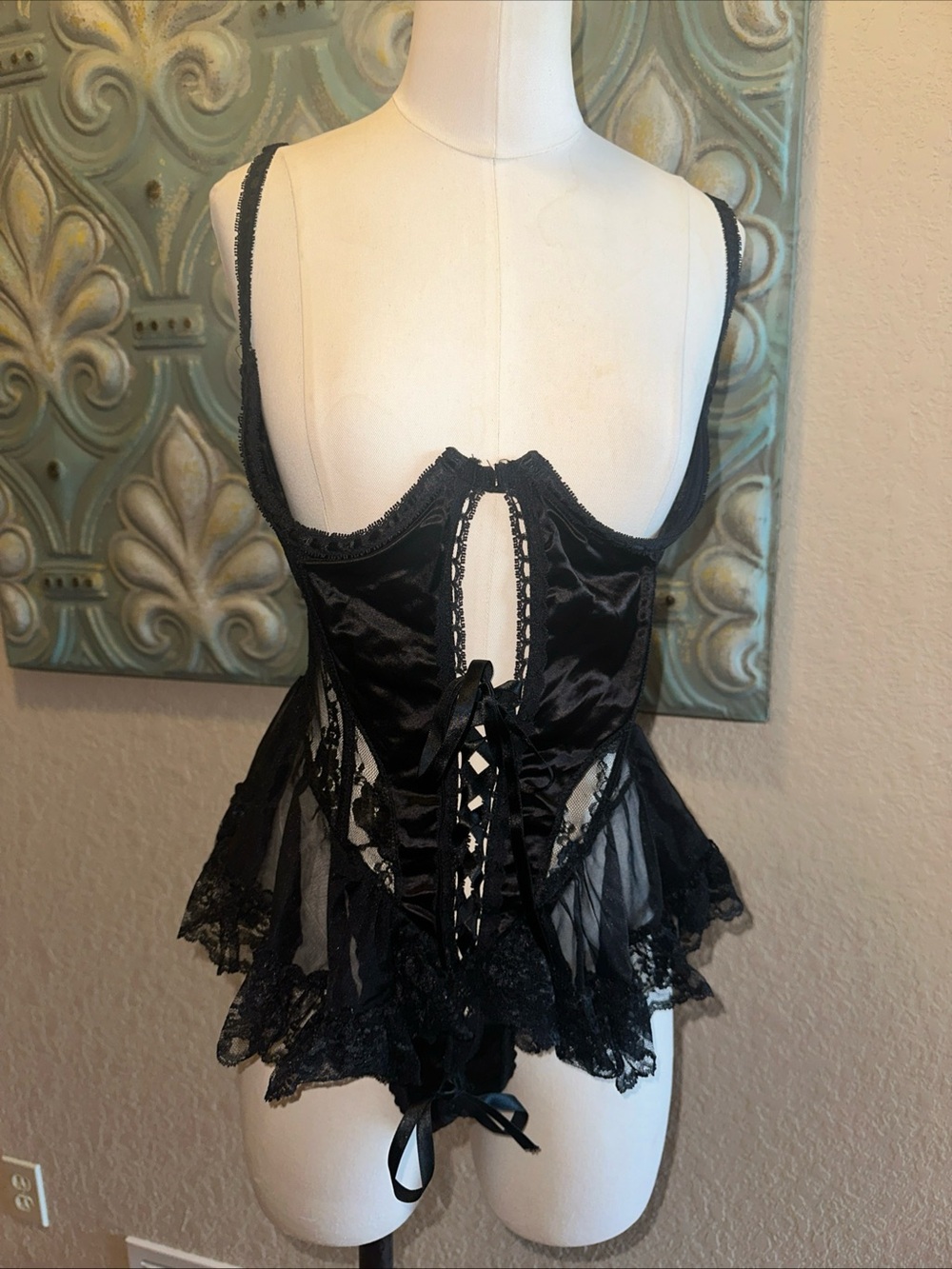 Frederick’s of Hollywood Open Cup Teddy Lace Up Black Lingerie Babydoll